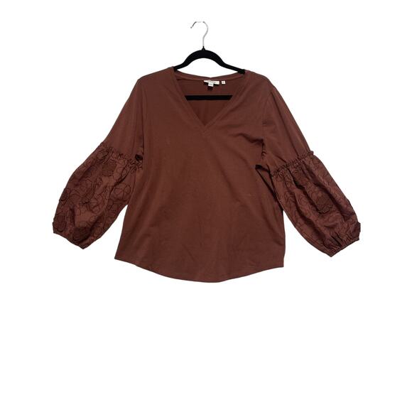 Chico's Chocolate Brown 3/4 Sleeve Knit Woven‎ 3D Applique Top, Size 2 Large - Picture 1 of 5